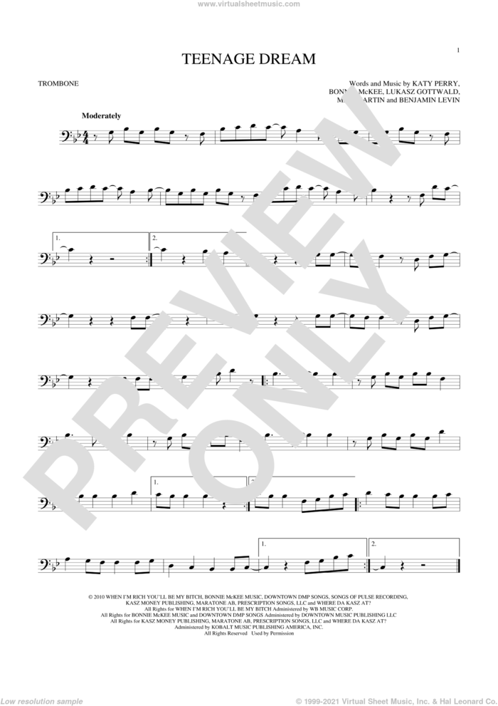 Teenage Dream sheet music for trombone solo by Katy Perry, Benjamin Levin, Bonnie McKee, Lukasz Gottwald and Max Martin, intermediate skill level
