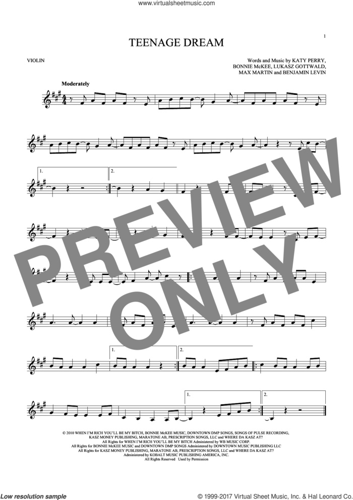 Teenage Dream sheet music for violin solo by Katy Perry, Benjamin Levin, Bonnie McKee, Lukasz Gottwald and Max Martin, intermediate skill level