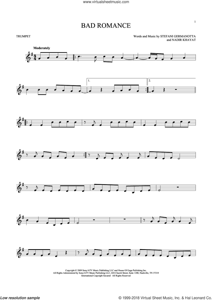 Bad Romance sheet music for trumpet solo by Lady Gaga and Nadir Khayat, intermediate skill level