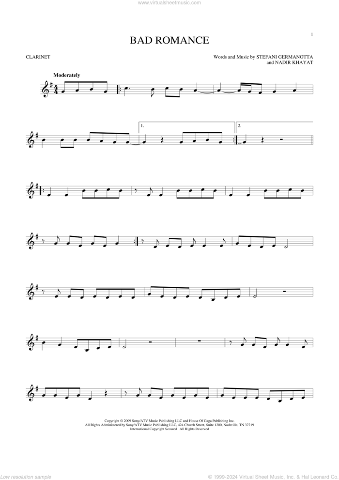 Bad Romance sheet music for clarinet solo by Lady Gaga and Nadir Khayat, intermediate skill level