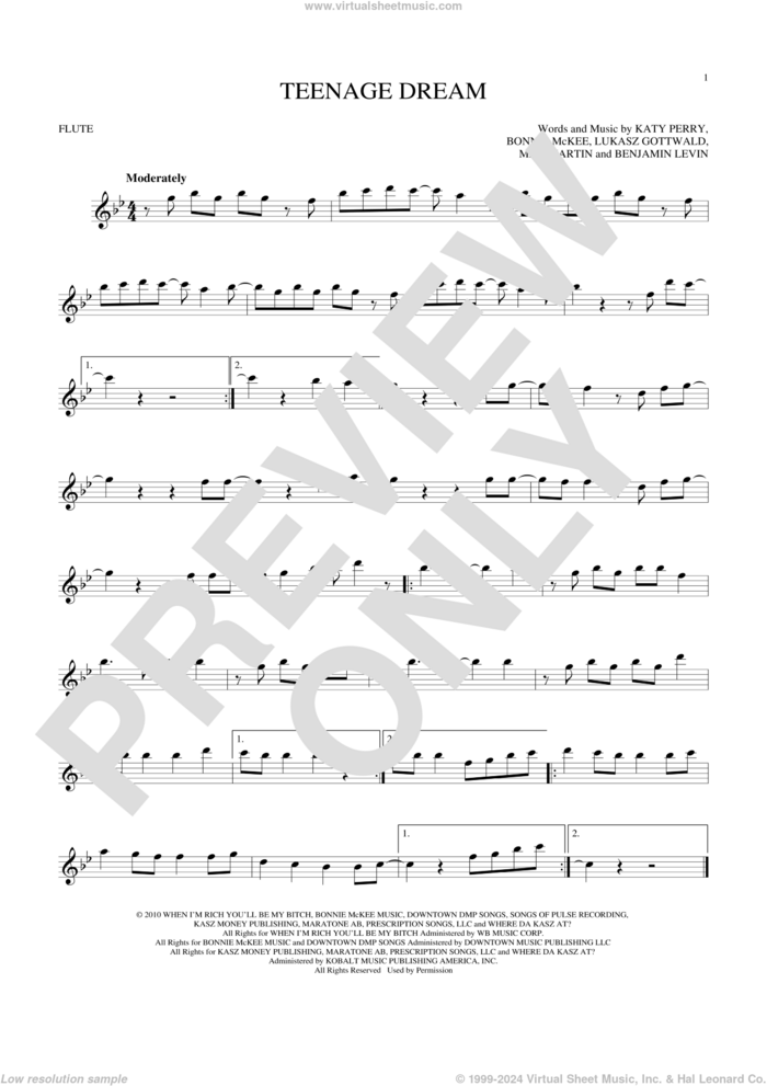 Teenage Dream sheet music for flute solo by Katy Perry, Benjamin Levin, Bonnie McKee, Lukasz Gottwald and Max Martin, intermediate skill level