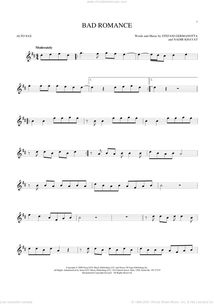 Bad Romance sheet music for alto saxophone solo by Lady Gaga and Nadir Khayat, intermediate skill level