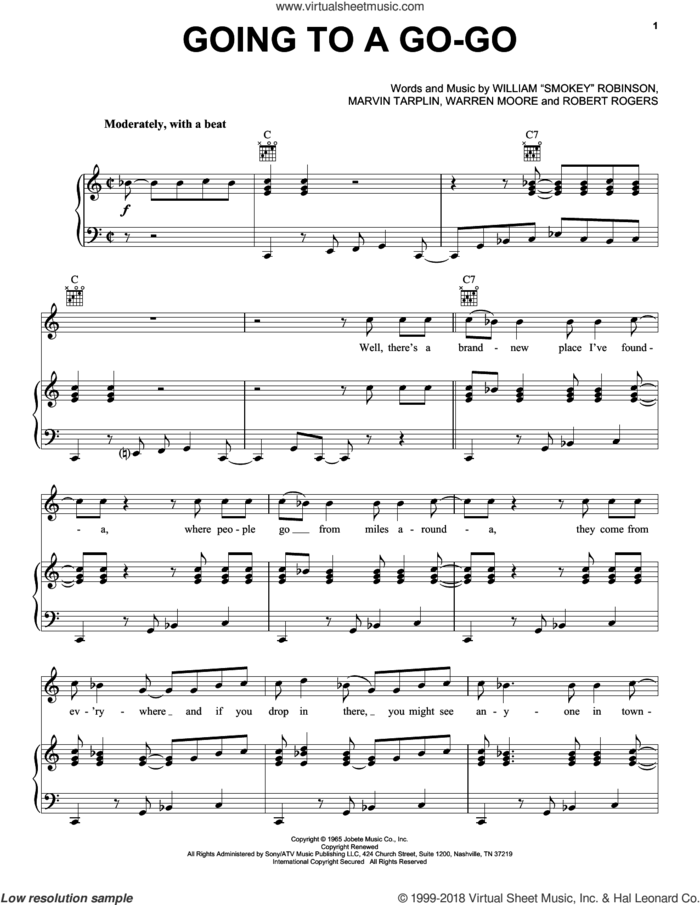 Going To A Go-Go sheet music for voice, piano or guitar by Smokey Robinson & The Miracles, The Miracles, The Rolling Stones, Marvin Tarplin, Robert Page and Warren Moore, intermediate skill level