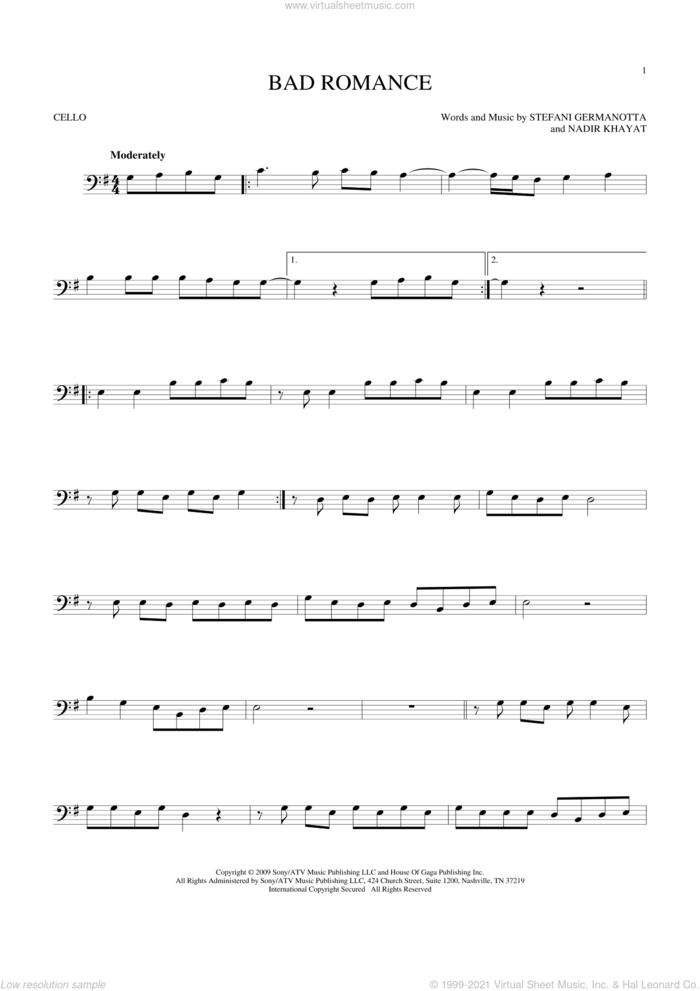 Bad Romance sheet music for cello solo by Lady Gaga and Nadir Khayat, intermediate skill level