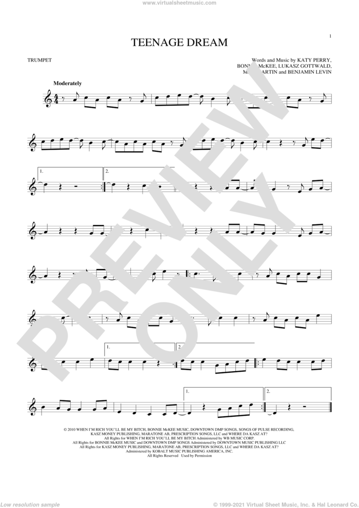 Teenage Dream sheet music for trumpet solo by Katy Perry, Benjamin Levin, Bonnie McKee, Lukasz Gottwald and Max Martin, intermediate skill level