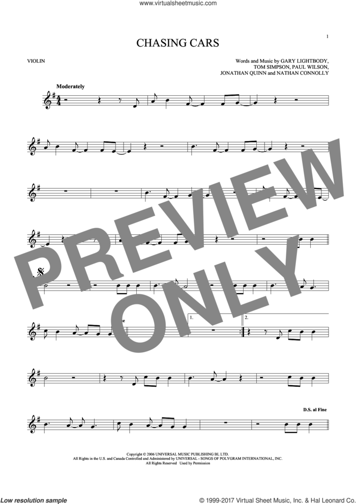 Chasing Cars sheet music for violin solo by Snow Patrol, Gary Lightbody, Jonathan Quinn, Nathan Connolly, Paul Wilson and Tom Simpson, intermediate skill level