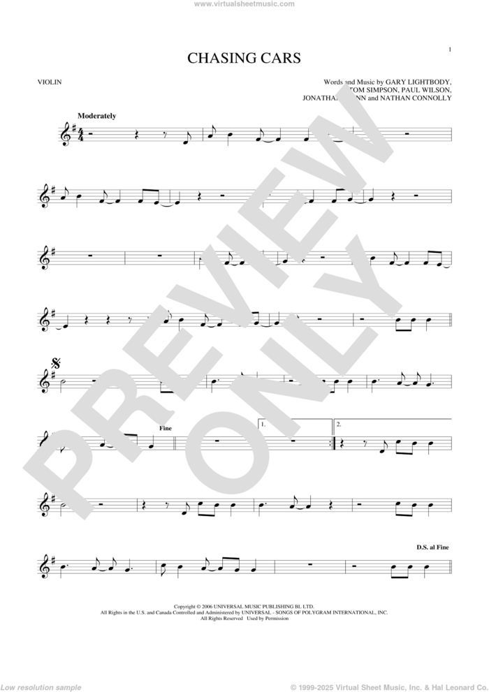 Chasing Cars sheet music for violin solo by Snow Patrol, Gary Lightbody, Jonathan Quinn, Nathan Connolly, Paul Wilson and Tom Simpson, intermediate skill level