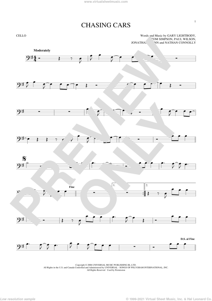 Chasing Cars sheet music for cello solo by Snow Patrol, Gary Lightbody, Jonathan Quinn, Nathan Connolly, Paul Wilson and Tom Simpson, intermediate skill level