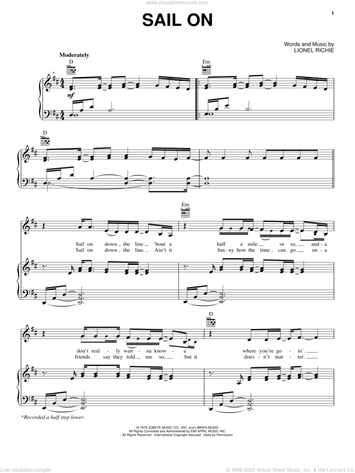 Sail On sheet music for voice, piano or guitar by The Commodores and Lionel Richie, intermediate skill level