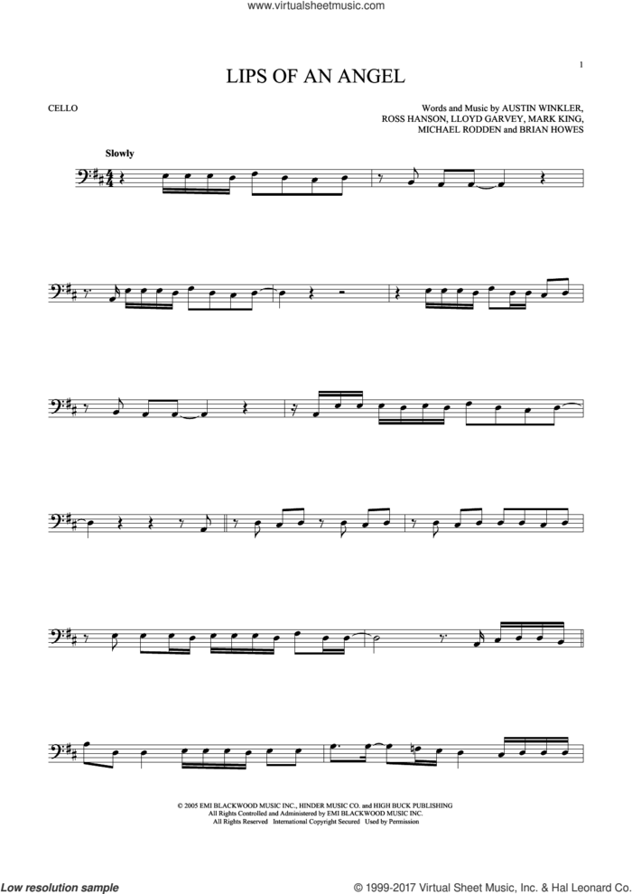 Lips Of An Angel sheet music for cello solo by Hinder, Jack Ingram, Austin Winkler, Brian Howes, Lloyd Garvey, Mark King, Michael Rodden and Ross Hanson, intermediate skill level