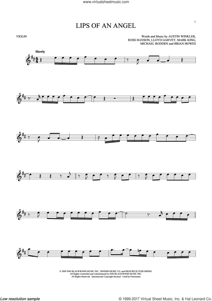 Lips Of An Angel sheet music for violin solo by Hinder, Jack Ingram, Austin Winkler, Brian Howes, Lloyd Garvey, Mark King, Michael Rodden and Ross Hanson, intermediate skill level