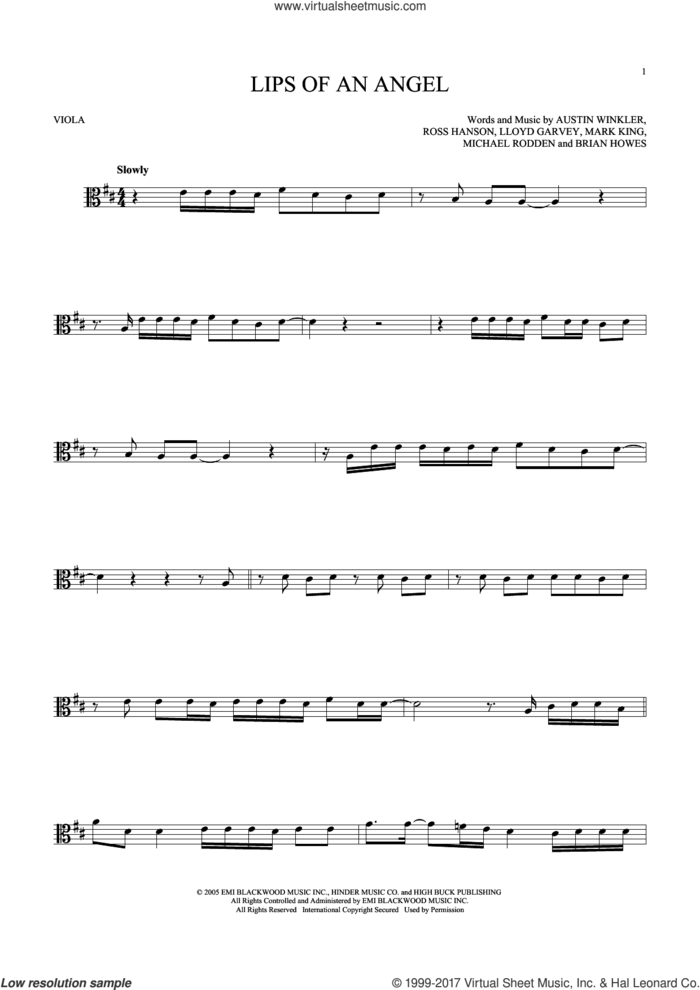 Lips Of An Angel sheet music for viola solo by Hinder, Jack Ingram, Austin Winkler, Brian Howes, Lloyd Garvey, Mark King, Michael Rodden and Ross Hanson, intermediate skill level