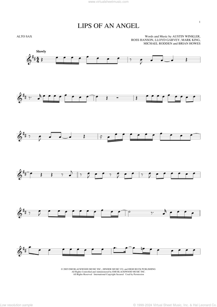 Lips Of An Angel sheet music for alto saxophone solo by Hinder, Jack Ingram, Austin Winkler, Brian Howes, Lloyd Garvey, Mark King, Michael Rodden and Ross Hanson, intermediate skill level