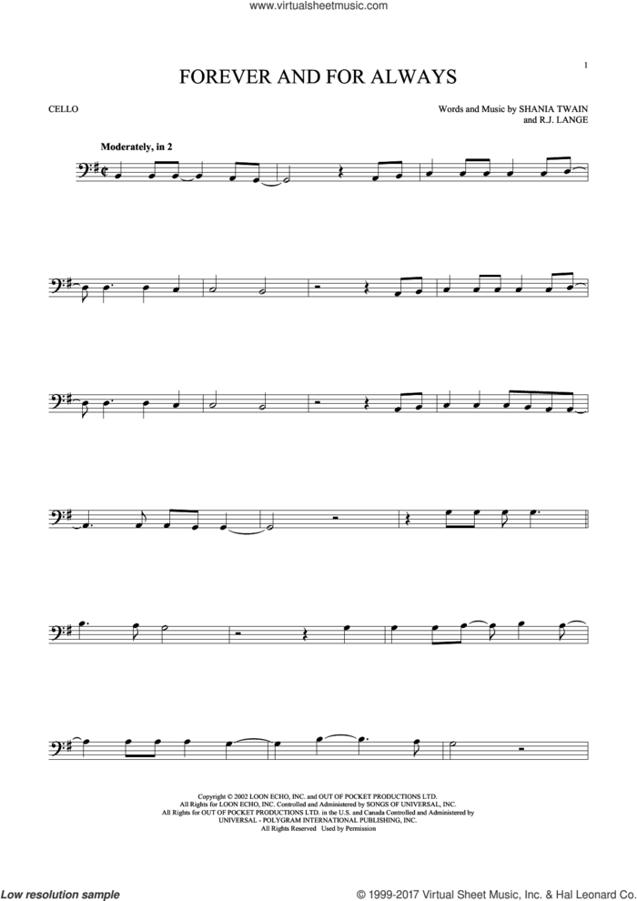Forever And For Always sheet music for cello solo by Shania Twain and Robert John Lange, intermediate skill level