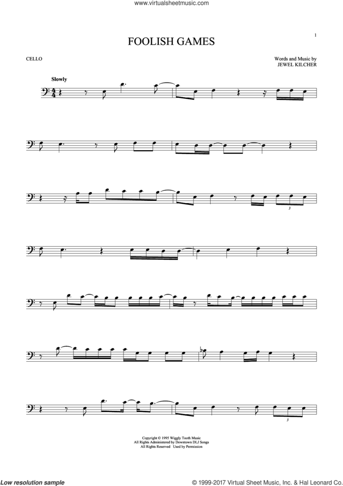 Foolish Games sheet music for cello solo by Jewel and Jewel Kilcher, intermediate skill level