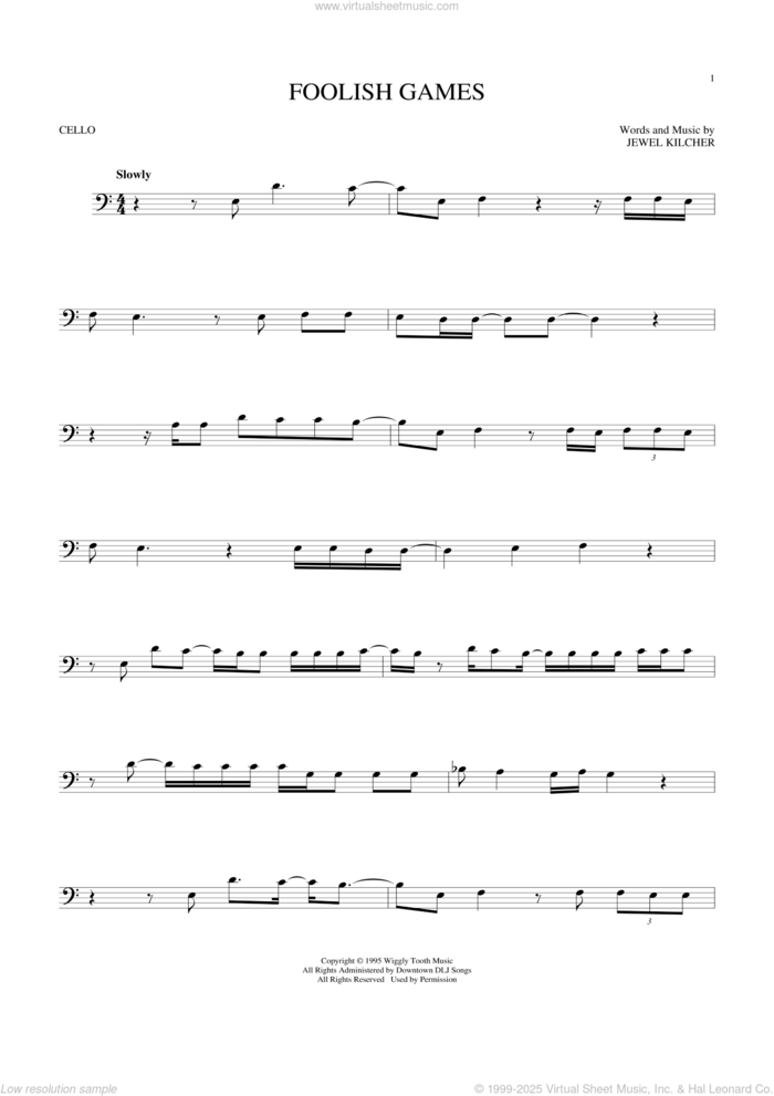 Foolish Games sheet music for cello solo by Jewel and Jewel Kilcher, intermediate skill level