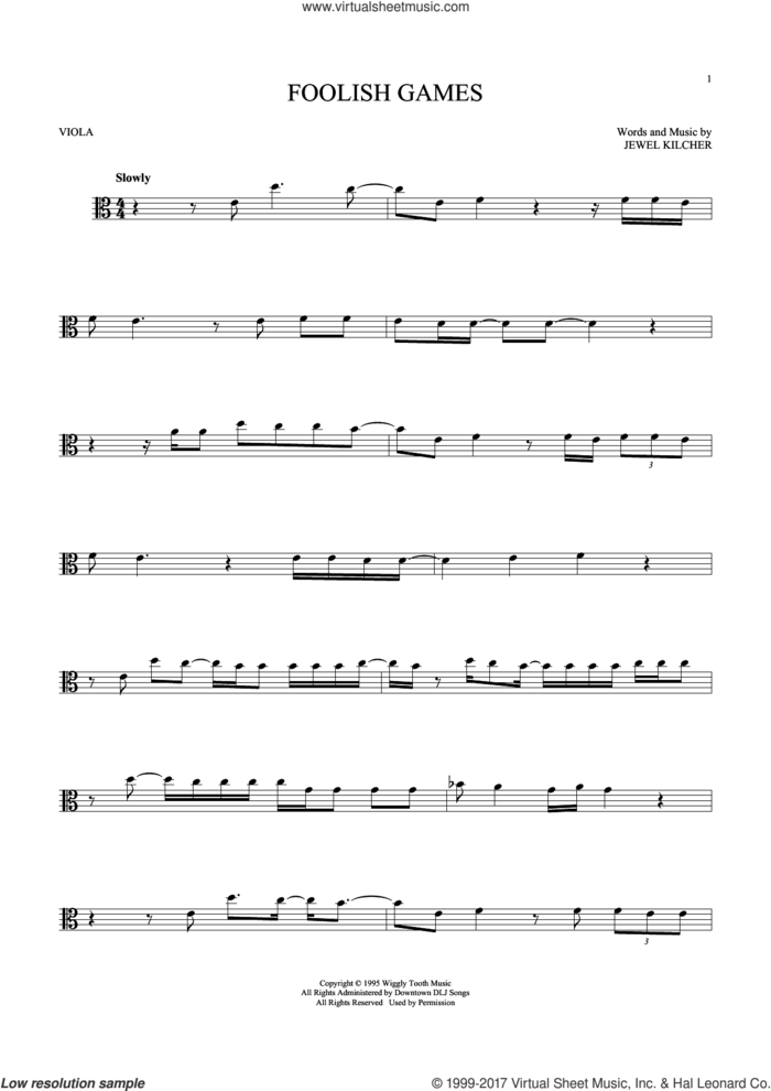 Foolish Games sheet music for viola solo by Jewel and Jewel Kilcher, intermediate skill level
