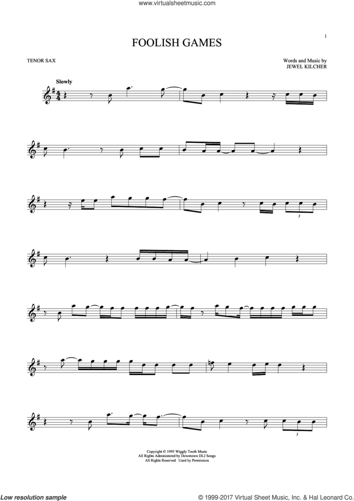 Foolish Games sheet music for tenor saxophone solo by Jewel and Jewel Kilcher, intermediate skill level