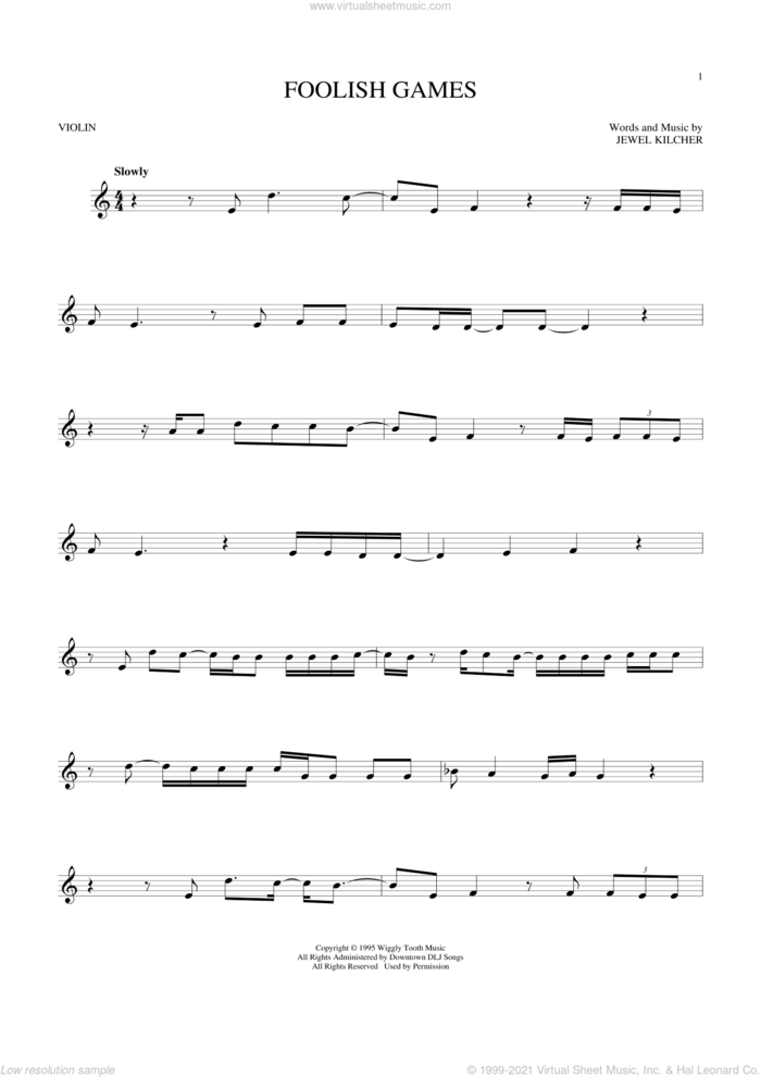 Foolish Games sheet music for violin solo by Jewel and Jewel Kilcher, intermediate skill level