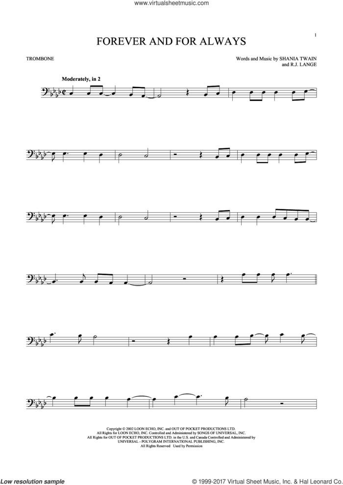 Forever And For Always sheet music for trombone solo by Shania Twain and Robert John Lange, intermediate skill level