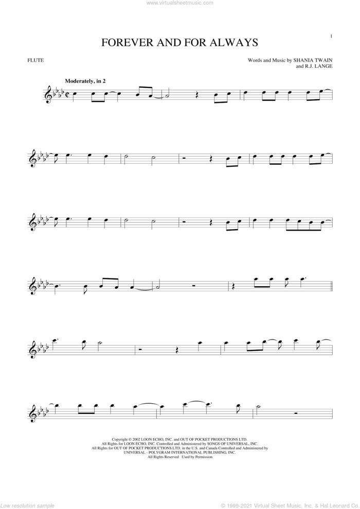 Forever And For Always sheet music for flute solo by Shania Twain and Robert John Lange, intermediate skill level