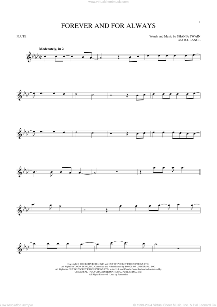 Forever And For Always sheet music for flute solo by Shania Twain and Robert John Lange, intermediate skill level