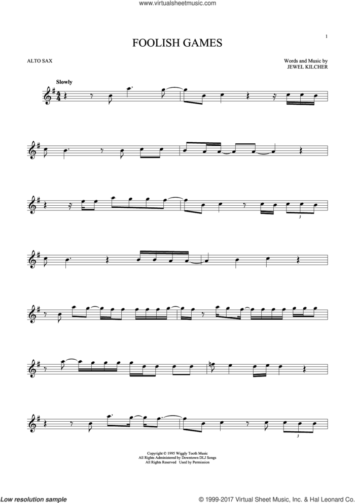 Foolish Games sheet music for alto saxophone solo by Jewel and Jewel Kilcher, intermediate skill level