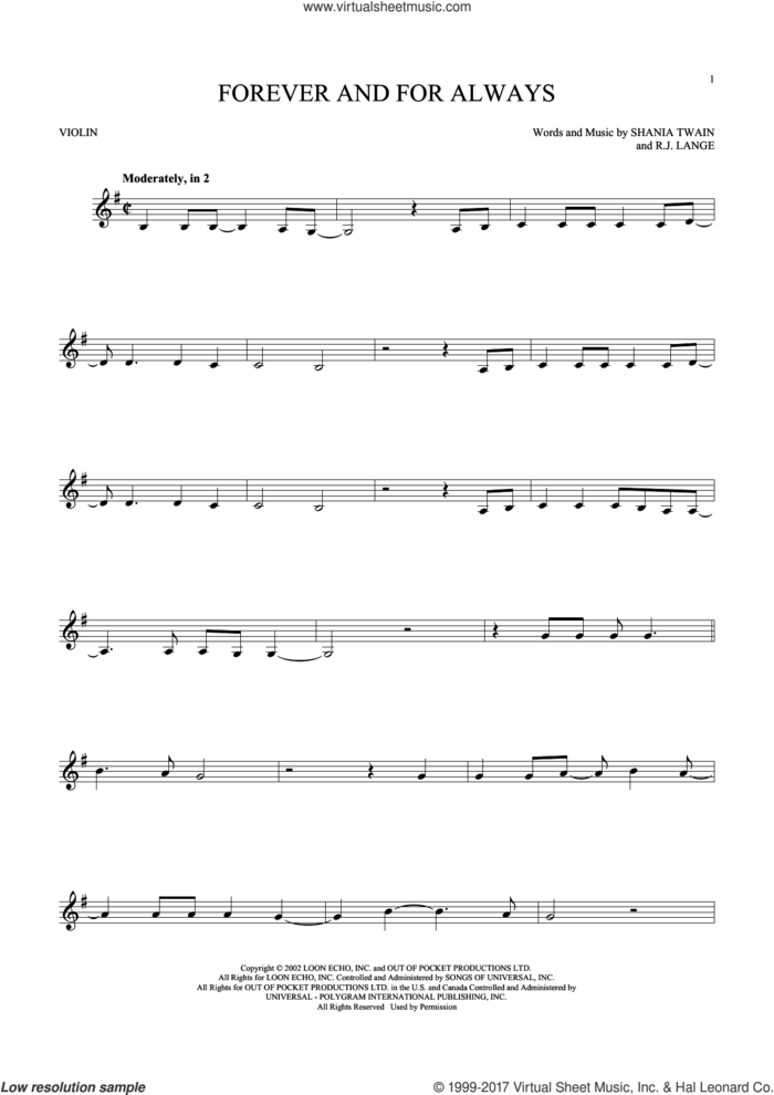 Forever And For Always sheet music for violin solo by Shania Twain and Robert John Lange, intermediate skill level