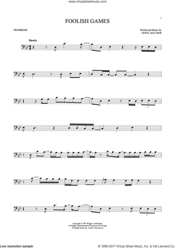 Foolish Games sheet music for trombone solo by Jewel and Jewel Kilcher, intermediate skill level