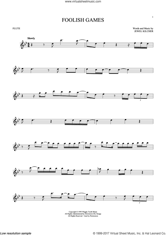 Foolish Games sheet music for flute solo by Jewel and Jewel Kilcher, intermediate skill level