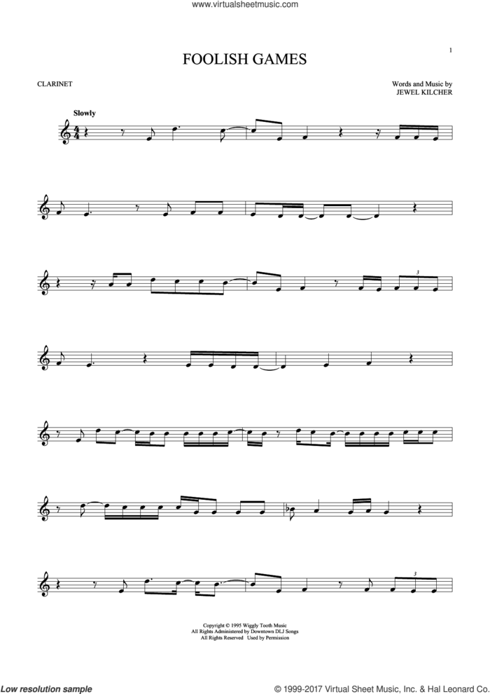 Foolish Games sheet music for clarinet solo by Jewel and Jewel Kilcher, intermediate skill level
