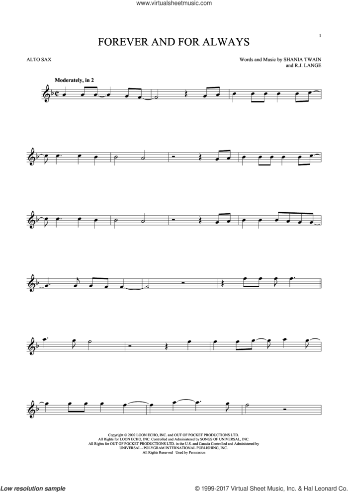 Forever And For Always sheet music for alto saxophone solo by Shania Twain and Robert John Lange, intermediate skill level