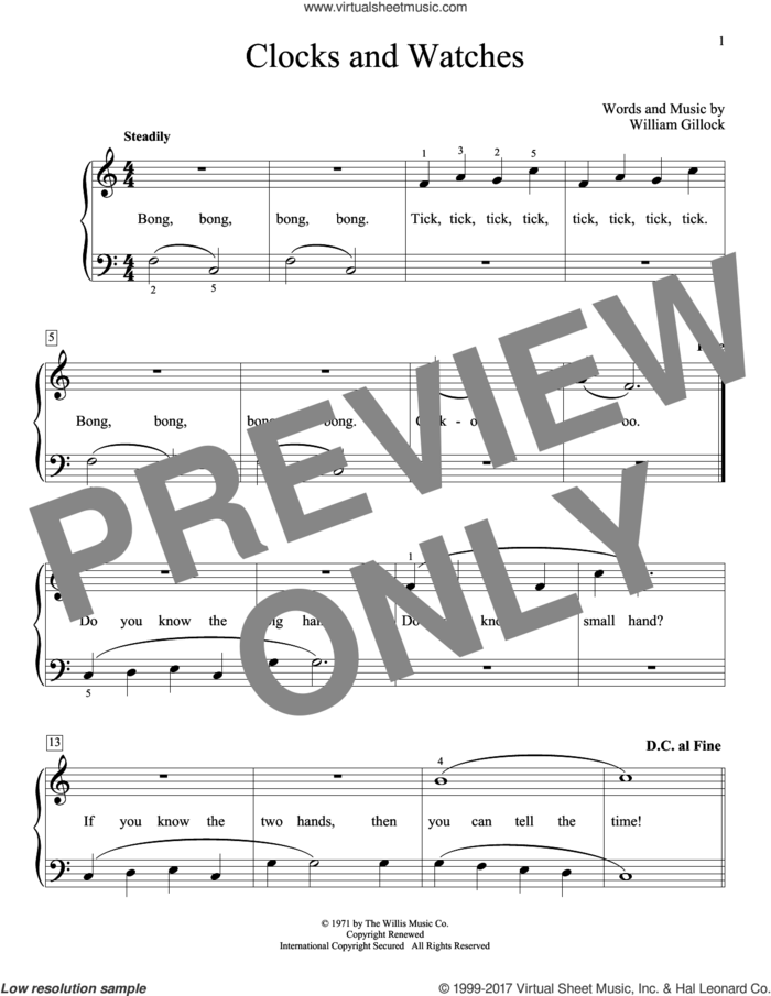 Clocks And Watches sheet music for piano solo (elementary) by William Gillock, beginner piano (elementary)