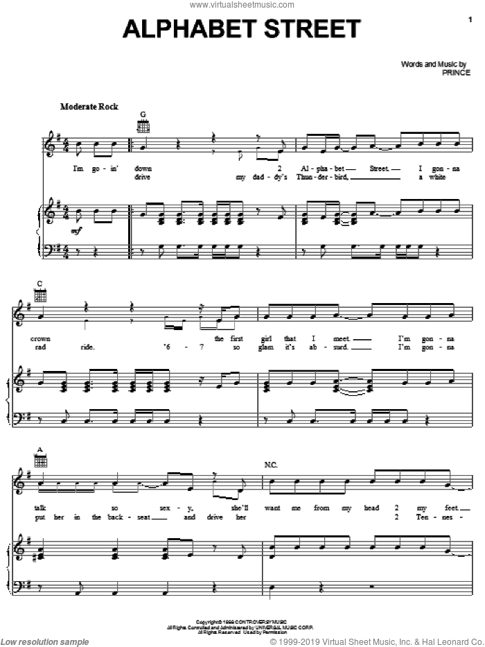 Alphabet Street sheet music for voice, piano or guitar by Prince, intermediate skill level