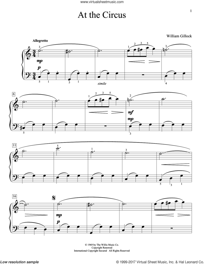 At The Circus sheet music for piano solo (elementary) by William Gillock, beginner piano (elementary)