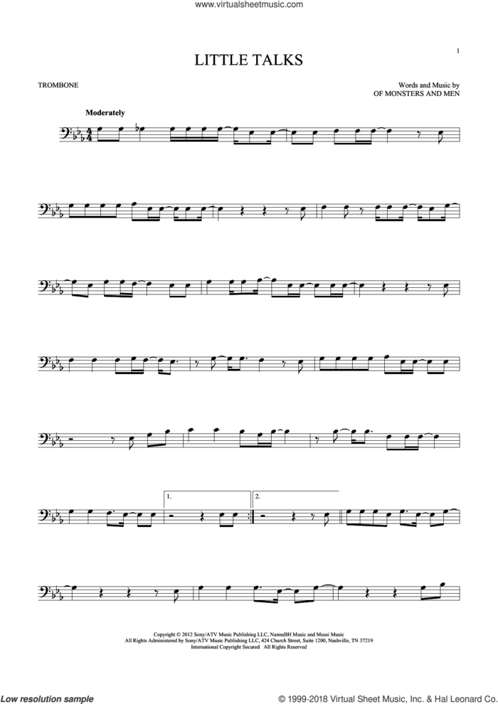 Little Talks sheet music for trombone solo by Of Monsters And Men, intermediate skill level