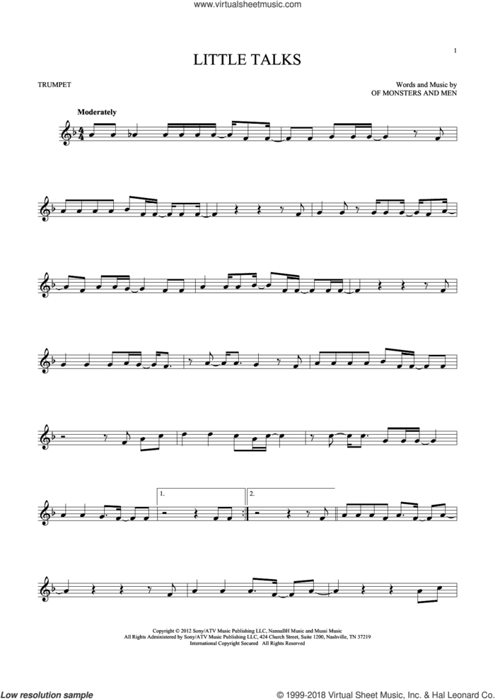 Little Talks sheet music for trumpet solo by Of Monsters And Men, intermediate skill level