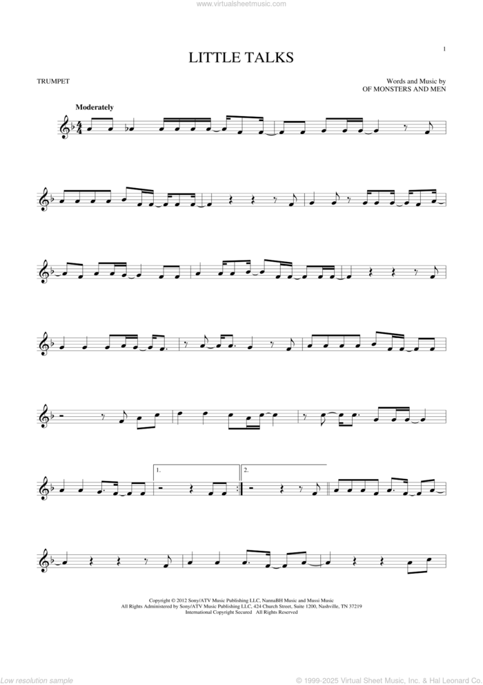 Little Talks sheet music for trumpet solo by Of Monsters And Men, intermediate skill level