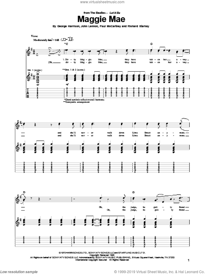 Maggie Mae sheet music for guitar (tablature) by The Beatles, George Harrison, John Lennon and Paul McCartney, intermediate skill level