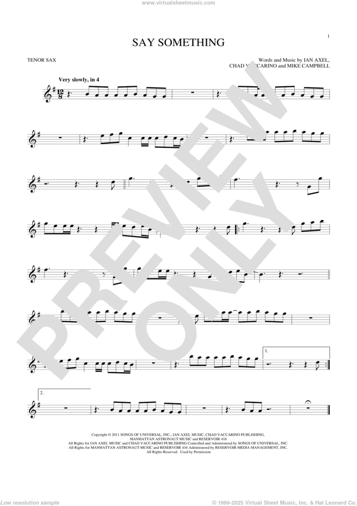 Say Something sheet music for tenor saxophone solo by A Great Big World, Chad Vaccarino, Ian Axel and Mike Campbell, intermediate skill level