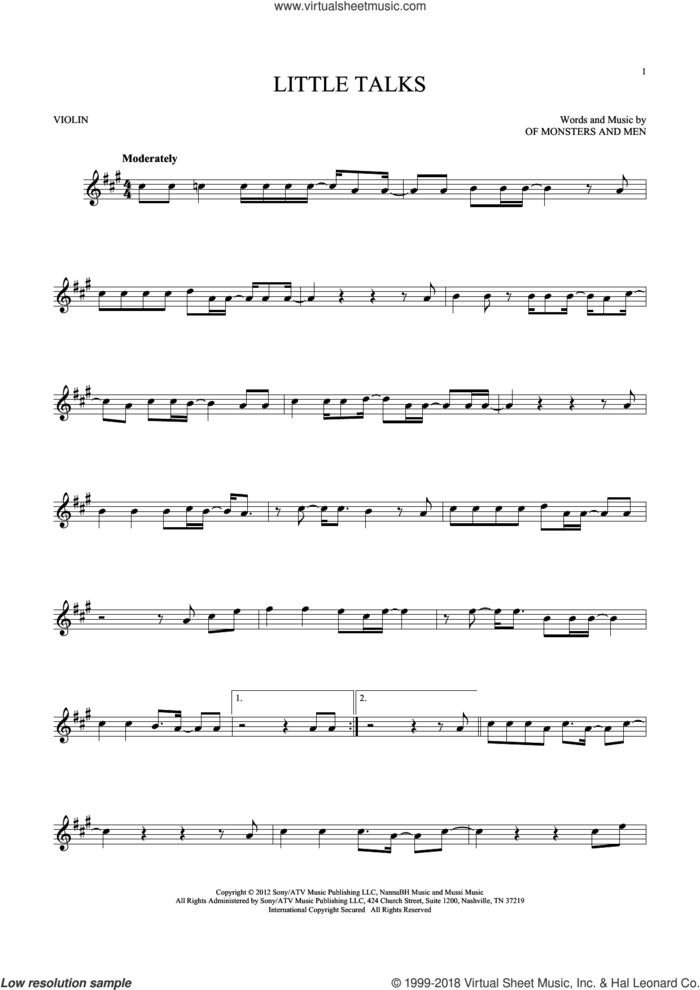 Little Talks sheet music for violin solo by Of Monsters And Men, intermediate skill level