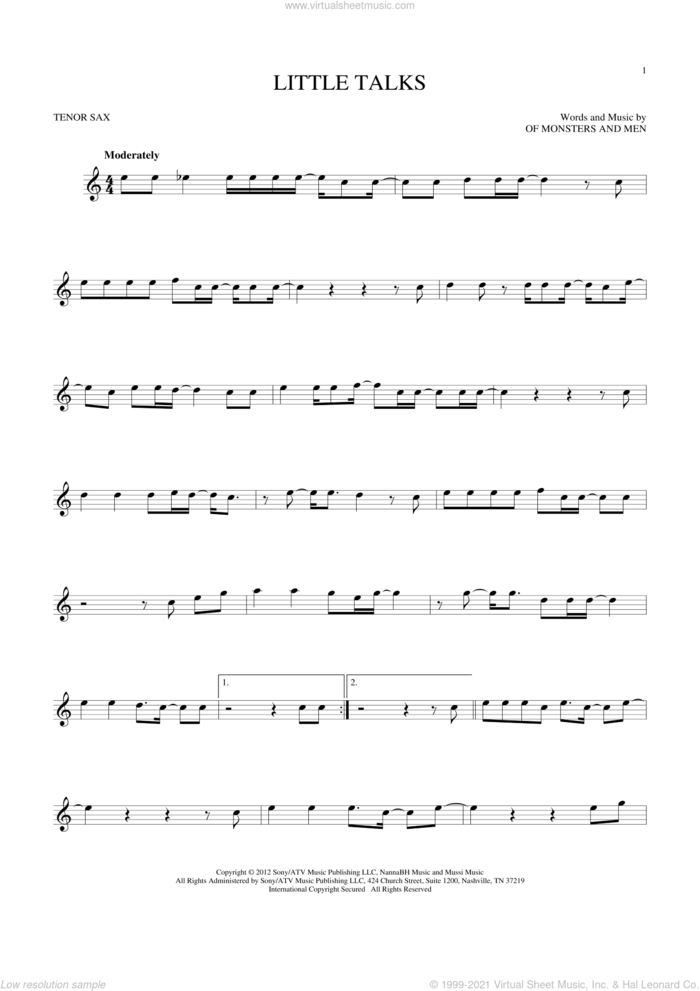Little Talks sheet music for tenor saxophone solo by Of Monsters And Men, intermediate skill level
