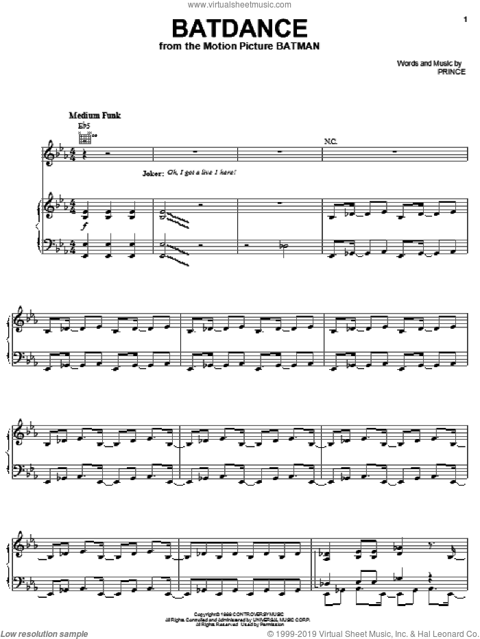 Batdance sheet music for voice, piano or guitar by Prince, intermediate skill level