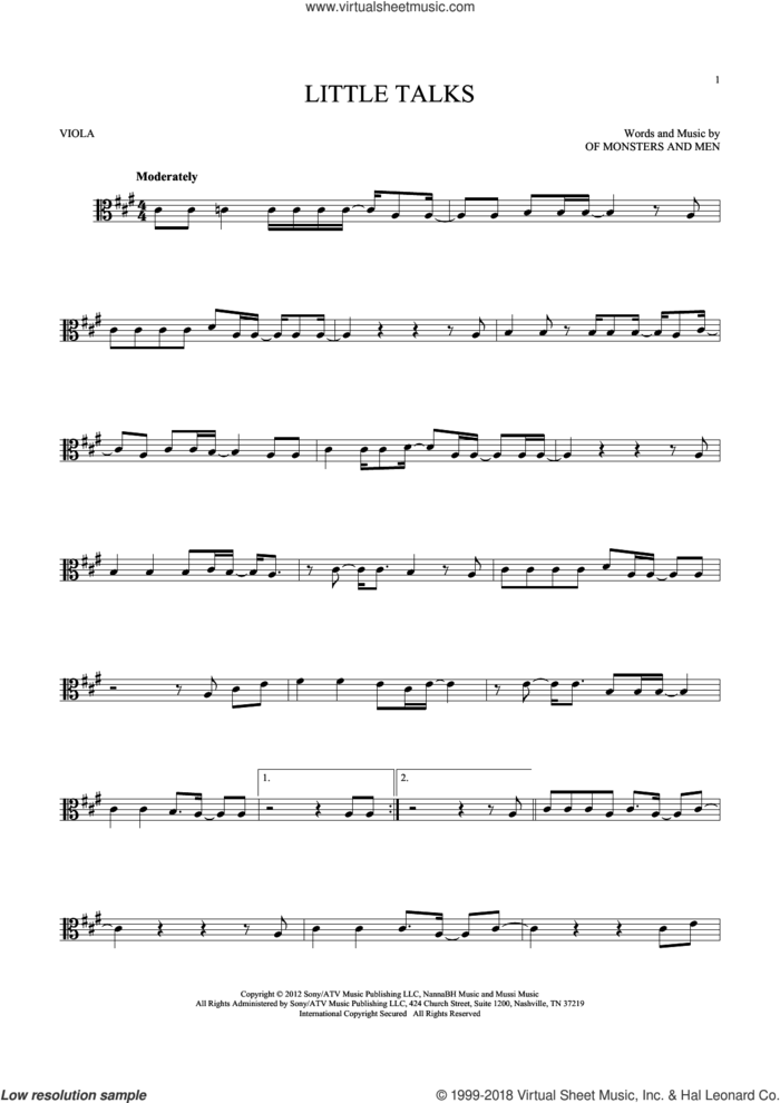 Little Talks sheet music for viola solo by Of Monsters And Men, intermediate skill level