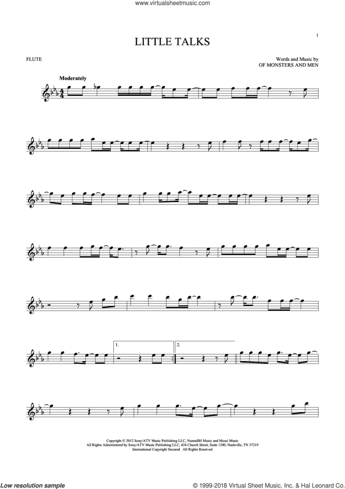 Little Talks sheet music for flute solo by Of Monsters And Men, intermediate skill level