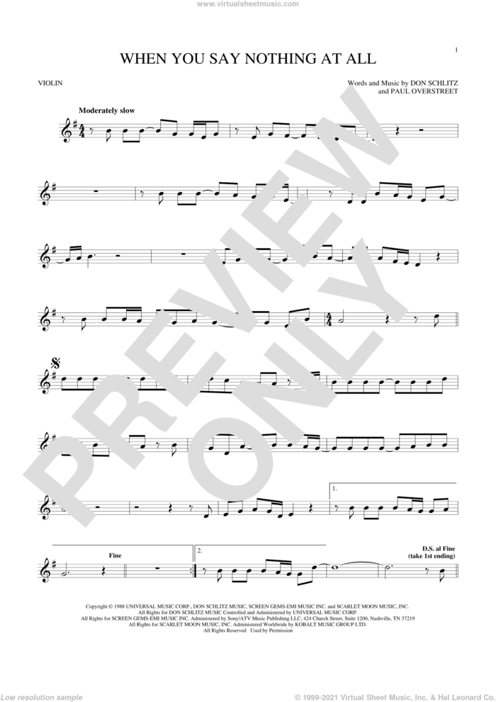 When You Say Nothing At All sheet music for violin solo by Alison Krauss & Union Station, Keith Whitley, Don Schlitz and Paul Overstreet, wedding score, intermediate skill level