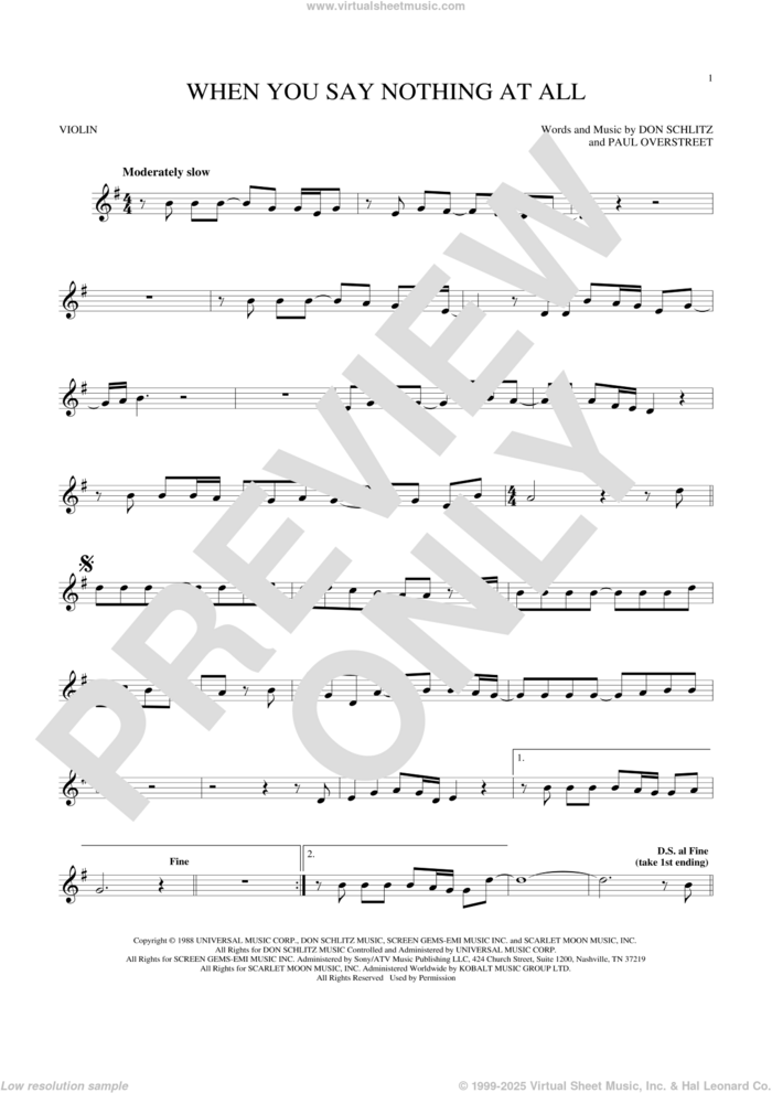 When You Say Nothing At All sheet music for violin solo by Alison Krauss & Union Station, Keith Whitley, Don Schlitz and Paul Overstreet, wedding score, intermediate skill level