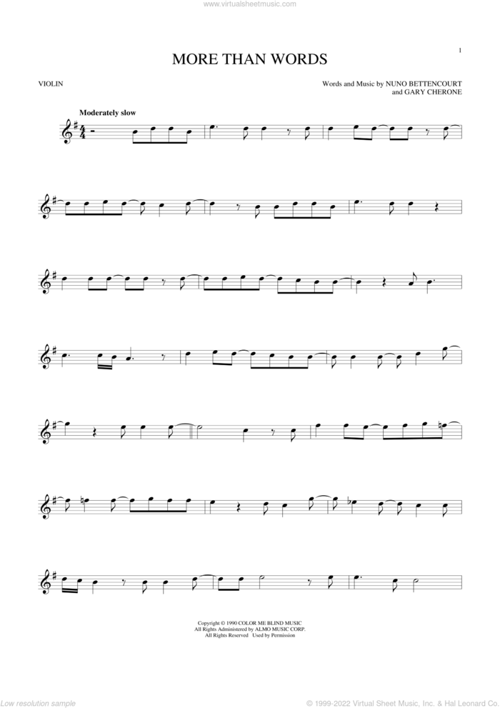 More Than Words sheet music for violin solo by Extreme, Gary Cherone and Nuno Bettencourt, intermediate skill level