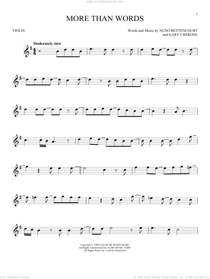 More Than Words sheet music for violin solo by Extreme, Gary Cherone and Nuno Bettencourt, intermediate skill level