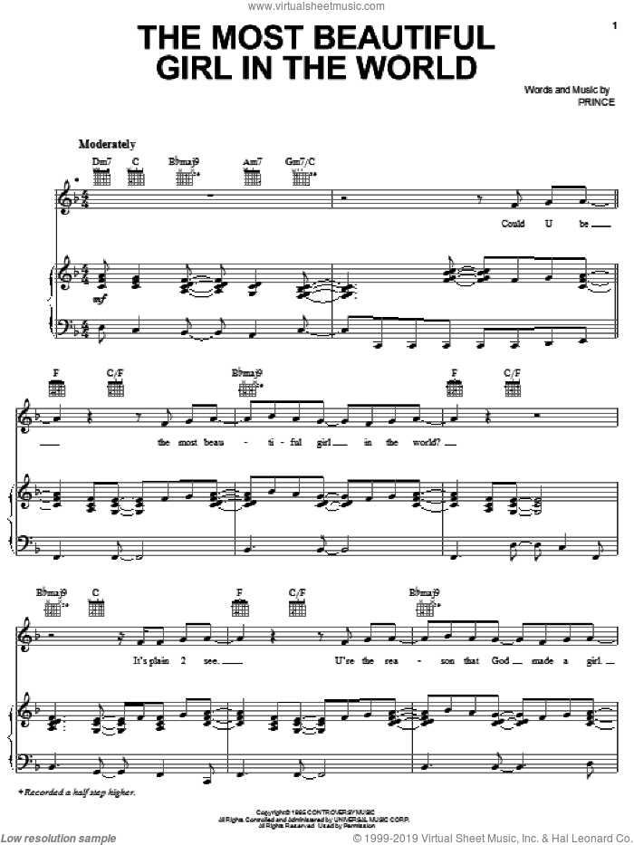 The Most Beautiful Girl In The World sheet music for voice, piano or guitar by Prince, intermediate skill level